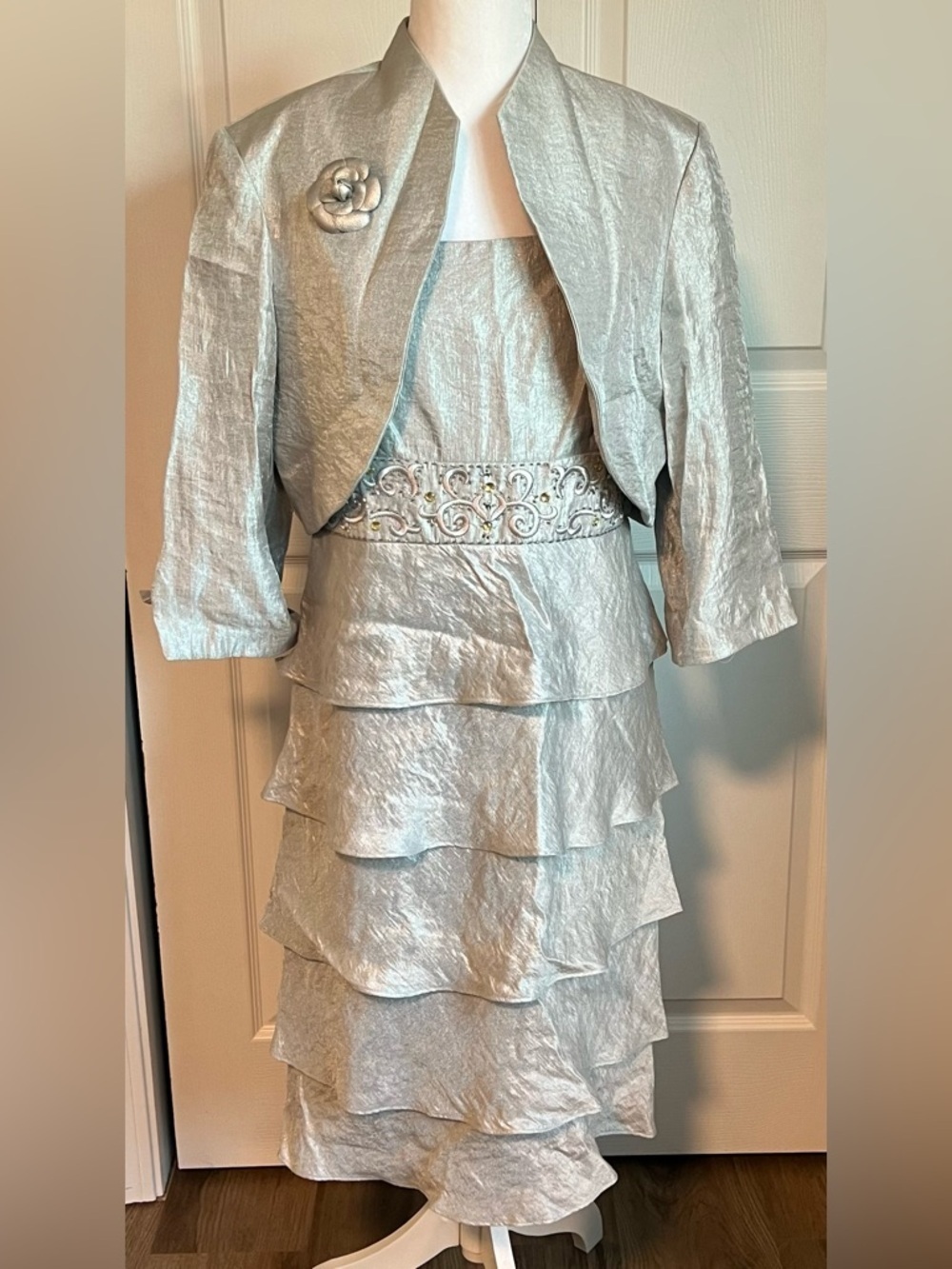 Women's David's Bridal Hammered Shimmer Jacket Dress With Tiered Skirt